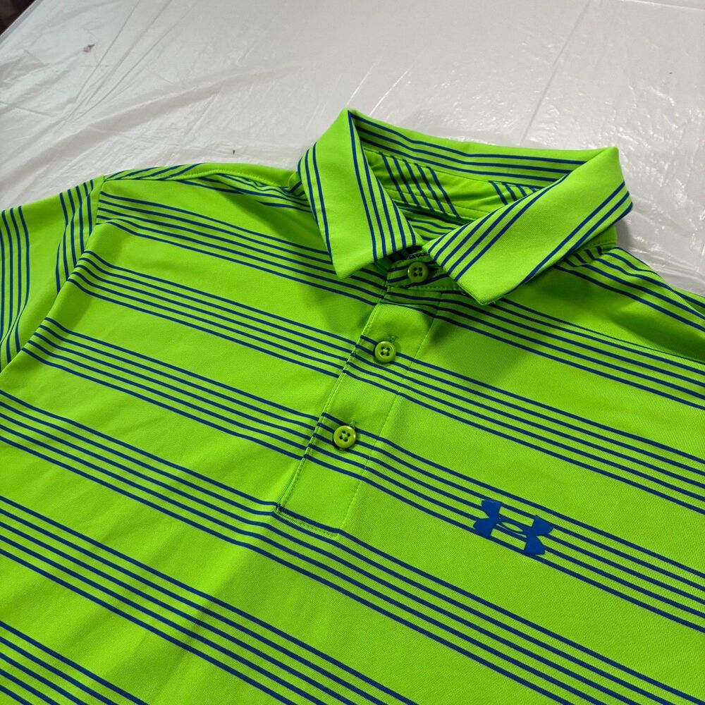 Under Armour Heat Gear Men's Medium Polo Neon Green Striped Golf Lime Green
